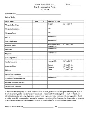 Gavin School District Health Information Form