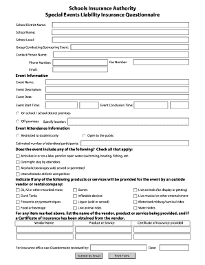 Special Events Liability Insurance Questionnaire