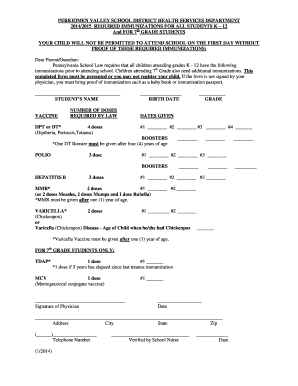 Pennsylvania Student Immunization Form