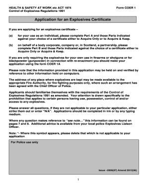 UK Explosives Certificate Application Form COER 1