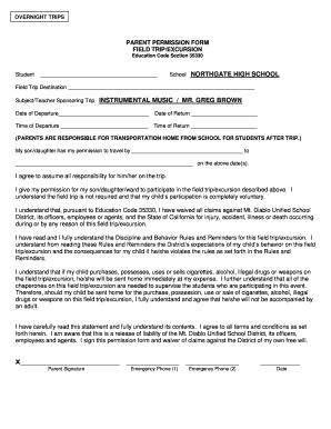 Parent Permission Form for Overnight Field Trip