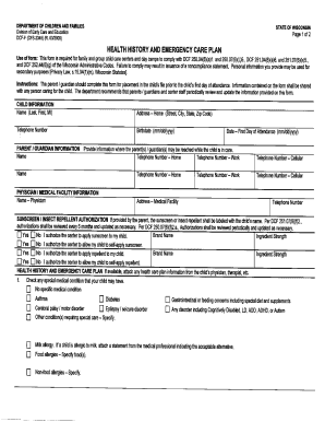 Wisconsin Health History and Emergency Care Plan