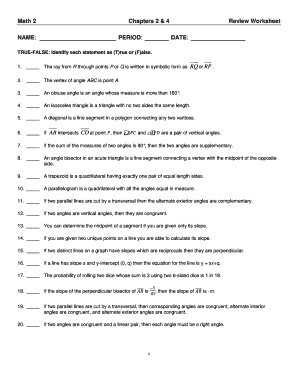 Math 2 Chapters 2 & 4 Review Worksheet