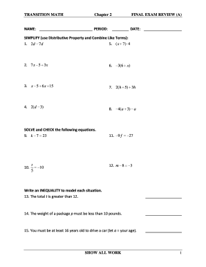 Transition Math Chapter 2 Final Exam Review