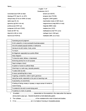 Vocabulary Unit 3 Worksheet