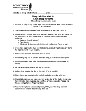 Adult Sleep Study Checklist