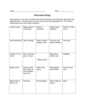 Relaxation Bingo Activity Sheet