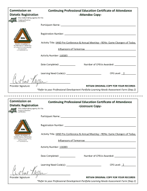 Certificate of Attendance for Dietetic Registration