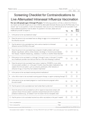 Screening Checklist for Contraindications to Live Attenuated Intranasal Influenza Vaccination