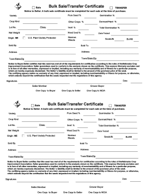 Bulk Sale/Transfer Certificate