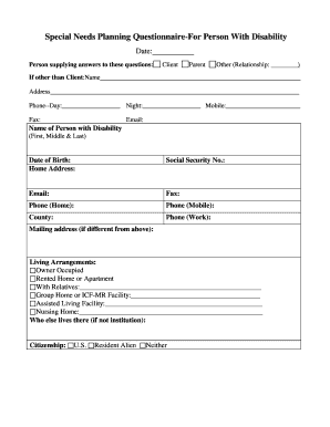 Special Needs Planning Questionnaire for Person With Disability