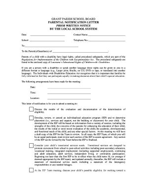 Louisiana Parental Notification Letter for IEP Meeting