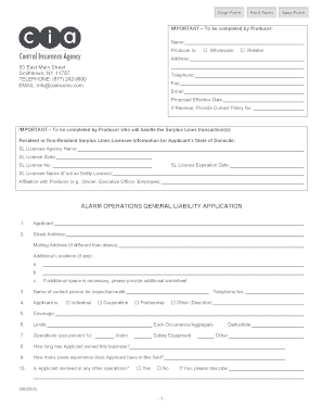 Alarm Operations General Liability Application