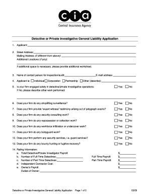Detective Private Investigative General Liability Application