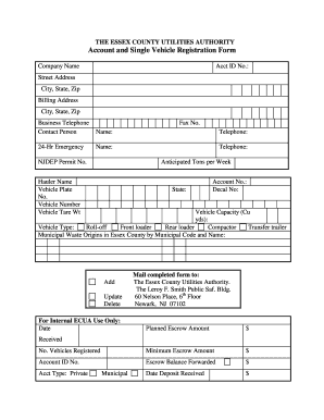 Essex County Utilities Authority Account and Vehicle Registration Form