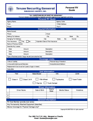 Personal RV Insurance Quote Form