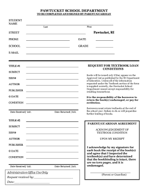 Pawtucket School Department Textbook Loan Request