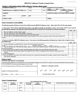 2009 H1N1 Influenza Vaccine Consent Form