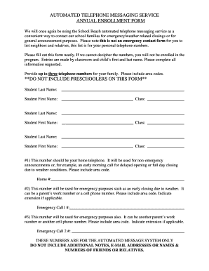 School Reach Automated Telephone Messaging Service Enrollment Form