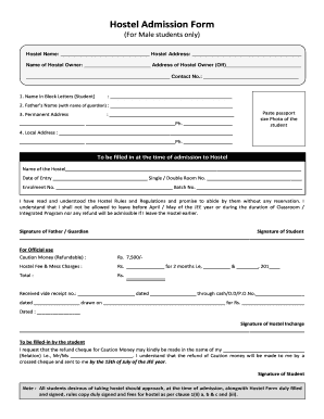 Hostel Admission Form for Male Students