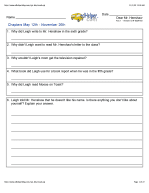 Dear Mr. Henshaw Reading Comprehension Worksheet