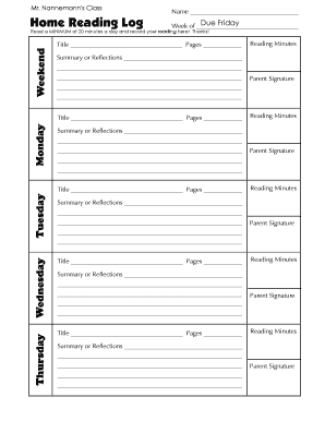 Home Reading Log Form