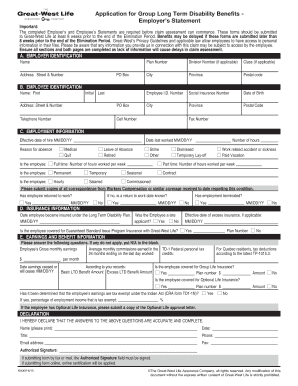 Application for Group Long Term Disability Benefits - Employer’s Statement