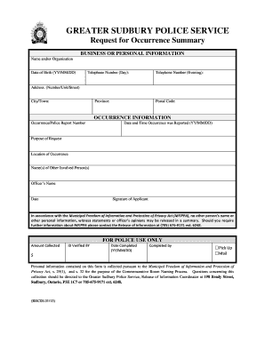 Greater Sudbury Police Service Request for Occurrence Summary