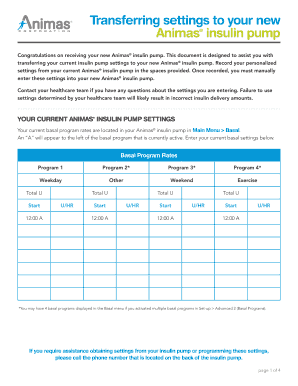 Animas Insulin Pump Settings Transfer Form