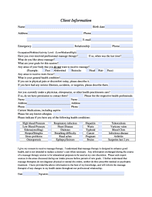 Client Intake Form for Massage Therapy