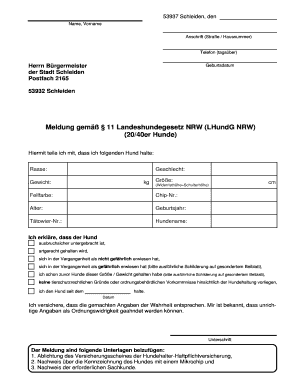 Meldung gemäß § 11 Landeshundegesetz NRW (LHundG NRW)