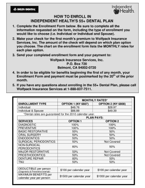 Independent Health 55+ Dental Plan Enrollment Form