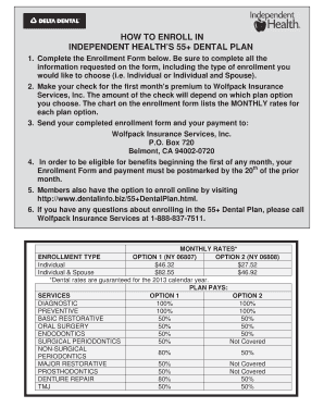 Independent Health 55+ Dental Plan Enrollment Form