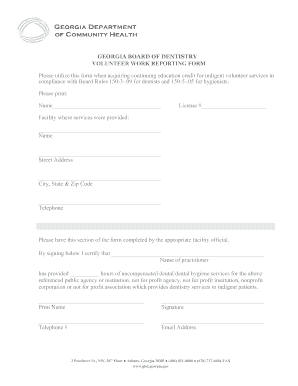 Georgia Board of Dentistry Volunteer Work Reporting Form