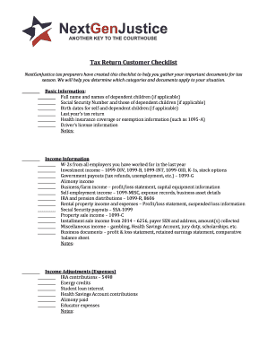 Tax Return Customer Checklist