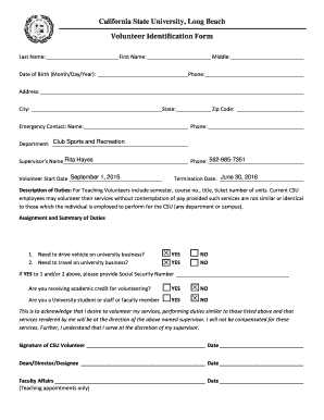 California State University Volunteer Identification Form