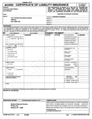 Certificate of Liability Insurance