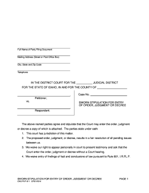 Sworn Stipulation for Entry of Order