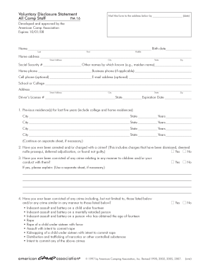 Voluntary Disclosure Statement for Camp Staff