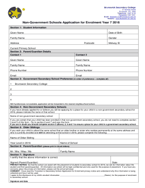 Non-Government Schools Application for Enrolment Year 7 2016