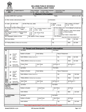 Billings Public Schools PK-12 Enrollment Form