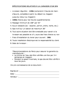 Spa Delivery Specifications