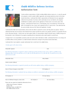 Chubb Wildfire Defense Services Authorization Form