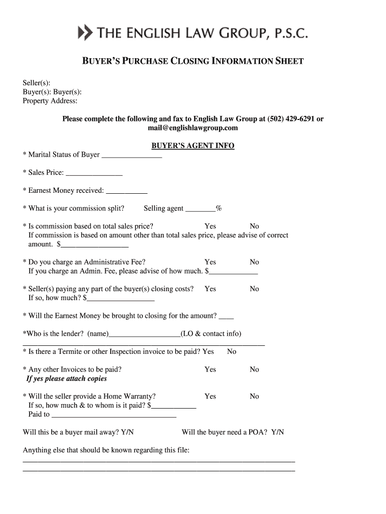 Fillable Online Purchase Closing Information Sheet Fax Email Print