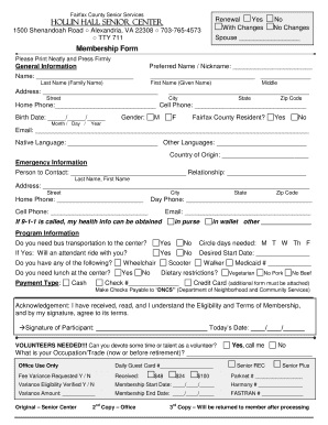 Fairfax County Senior Center Membership Form