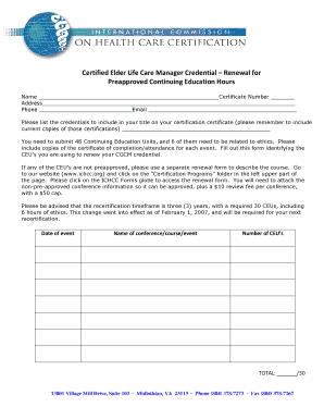 Certified Elder Life Care Manager Credential Renewal Form