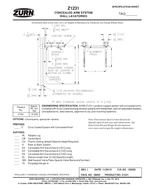 Z1231 Lavatory Support System Specification Sheet