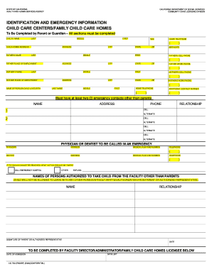 California Child Care Emergency Information Form