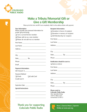 Colorado Public Radio Gift Membership Form