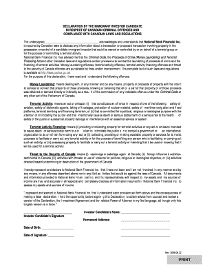Immigrant Investor Candidate Declaration